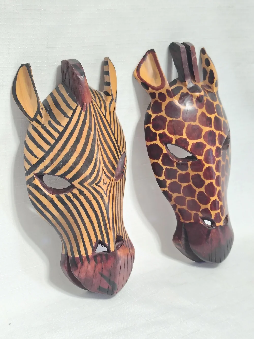 2 Wooden African Animal Masks Hand Carved Wall Decor Zebra & Giraffe Masks 10